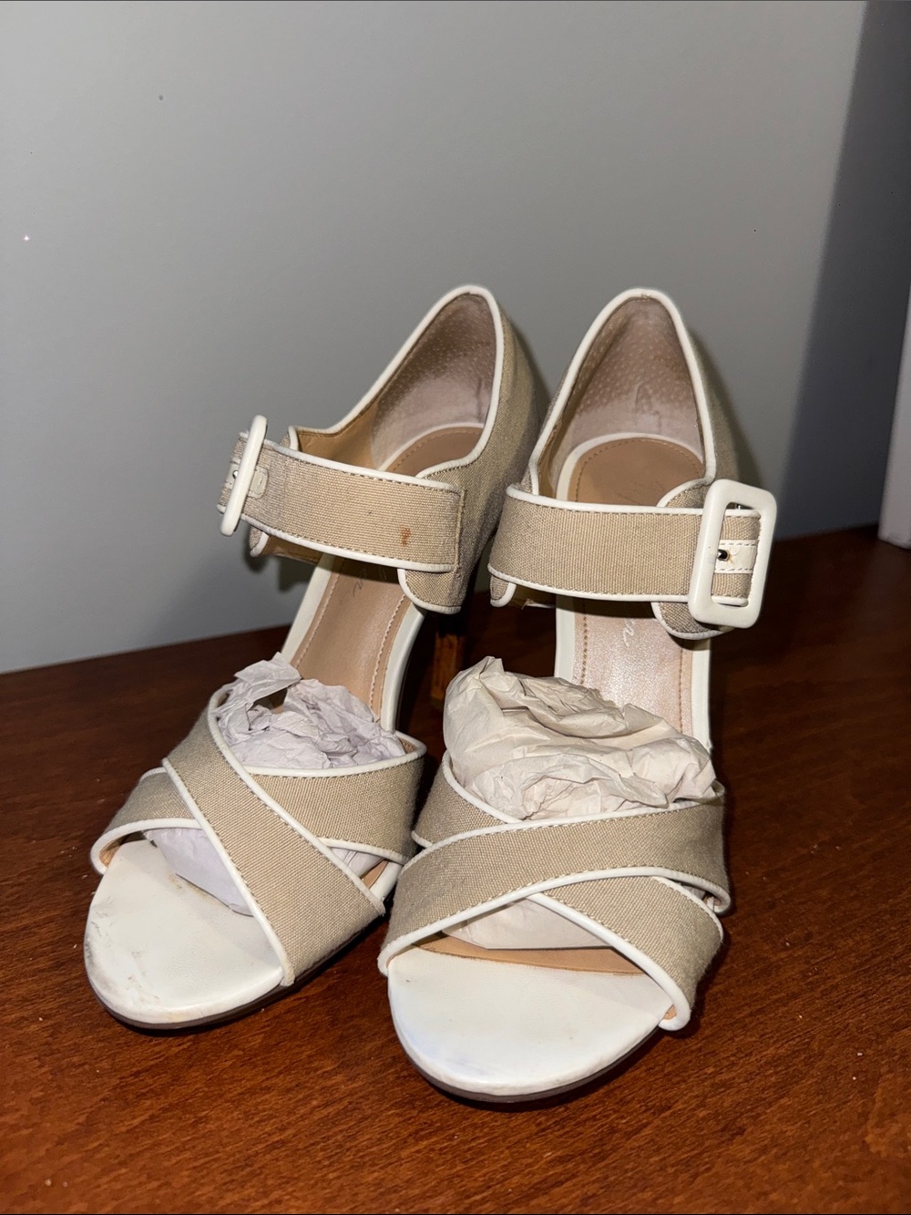 Women’s Beige Canvas Buckle Heeled Sandals
